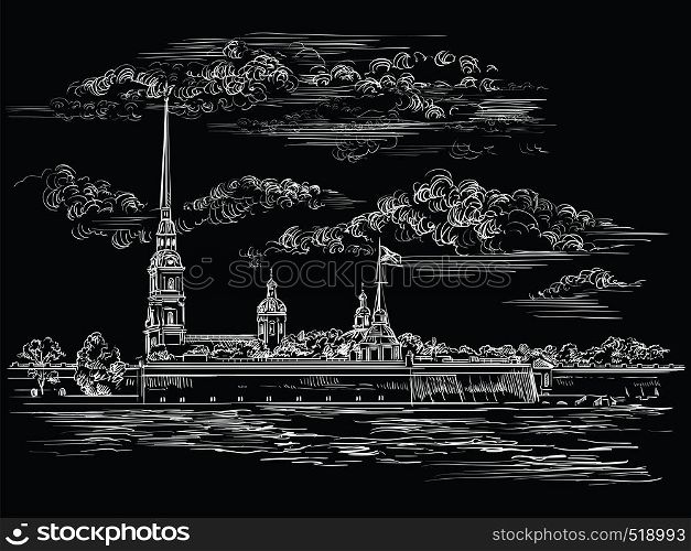 Cityscape of The Peter and Paul Fortress in Saint Petersburg, Russia and embankment of river. Isolated vector hand drawing illustration in white color on black background.