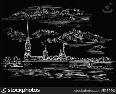 Cityscape of The Peter and Paul Fortress in Saint Petersburg, Russia and embankment of river. Isolated vector hand drawing illustration in white color on black background.