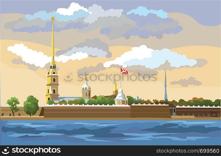 Cityscape of The Peter and Paul Fortress in Saint Petersburg, Russia and embankment of river. Colorful vector illustration.