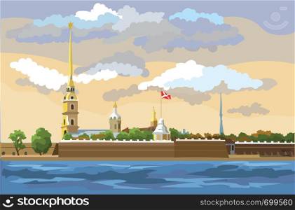 Cityscape of The Peter and Paul Fortress in Saint Petersburg, Russia and embankment of river. Colorful vector illustration.