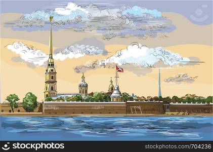 Cityscape of The Peter and Paul Fortress in Saint Petersburg, Russia and embankment of river.Colorful isolated vector hand drawing illustration.
