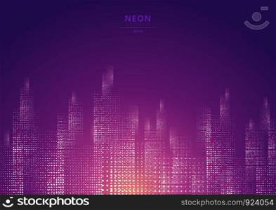 Cityscape on a dark background with bright and glowing neon purple and yellow lights. Futuristic night city. Cyberspace and retro style. Vector illustration