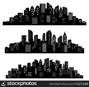 Cityscape silhouette. City buildings, night town and horizontal urban panorama silhouettes vector set. Black shadows of district or downtown with buildings, skyscrapers. Monochrome panoramic views.. Cityscape silhouette. City buildings, night town and horizontal urban panorama silhouettes vector set