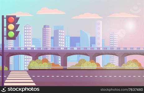 Cityscape, skyline with skyscrapers and clouds or smog. Bridge and empty streets with pedestrian crossing, zebra for people. City modern town. Vector illustration in flat cartoon style. Modern Cityscape with Empty Street, Zebra Crossing