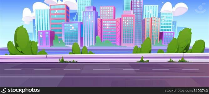 Cityscape vector background. Cartoon city downtown view with building and empty road landscape, trees, blue sky. Urban skyline on panorama illustration. Horizontal travel banner concept with highway.. Cartoon cityscape, downtown view and empty road