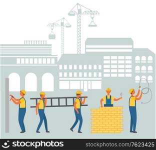 Cityscape vector, men wearing uniform vector. People working on construction area cityscape and cranes lifting objects. Person with ladder and bricks. Flat cartoon. Team of Workmen on Construction Area Cityscape