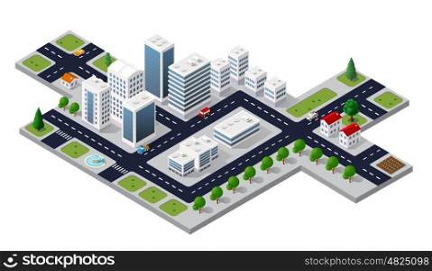 cityscape view of the top. Isometric 3D cityscape view of the top of the house and street trees