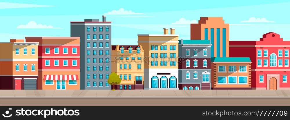 Cityscape with apartment and residential buildings. Exterior of houses on street in city. Roadway, cityscape and architecture vector illustration. Landscape of street of modern city with buildings. City landscape with apartment and residential buildings. Exterior of houses on street in town
