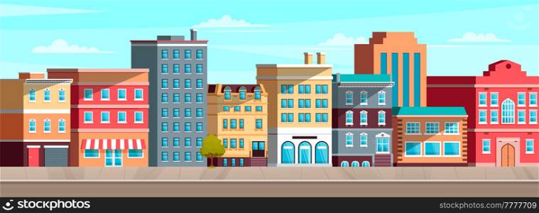 Cityscape with apartment and residential buildings. Exterior of houses on street in city. Roadway, cityscape and architecture vector illustration. Landscape of street of modern city with buildings. City landscape with apartment and residential buildings. Exterior of houses on street in town