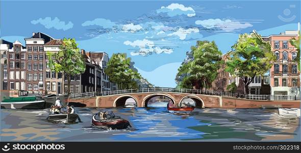 Cityscape with bridge over the canals of Amsterdam, Netherlands. Landmark of Netherlands. Colorful vector engraving illustration.