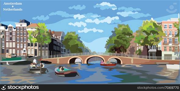 Cityscape with bridge over the canals of Amsterdam, Netherlands. Landmark of Netherlands. Colorful vector illustration.