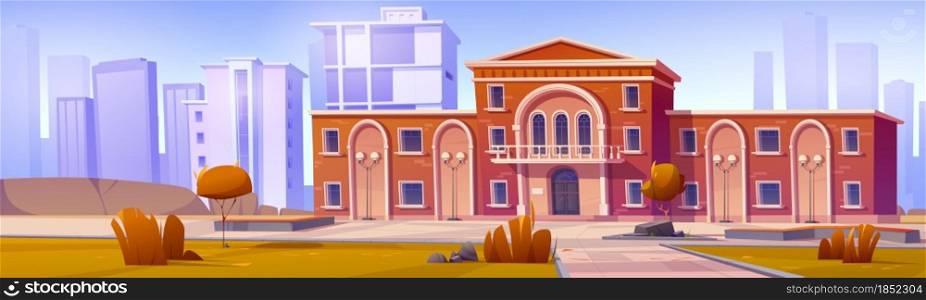 Cityscape with building exterior of university, college, high school or public library. Vector cartoon illustration of autumn landscape with museum, government, court or academy campus building. University or public library building in city