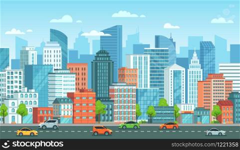 Cityscape with cars. City street with road, town buildings and urban car cartoon vector illustration. Panoramic view with automobiles riding against modern downtown skyscrapers on background.. Cityscape with cars. City street with road, town buildings and urban car cartoon vector illustration