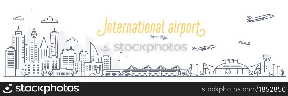 Cityscape with city airport. Concept of a city to the airport and back transfer, or Commute. Outline style vector illustration on white background. Cityscape with city airport. Concept of a city to the airport and back transfer, or Commute. Outline style vector illustration on white background.