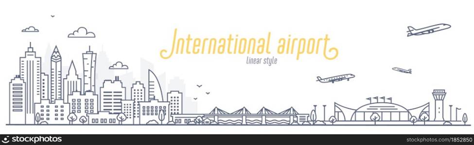 Cityscape with city airport. Concept of a city to the airport and back transfer, or Commute. Outline style vector illustration on white background. Cityscape with city airport. Concept of a city to the airport and back transfer, or Commute. Outline style vector illustration on white background.