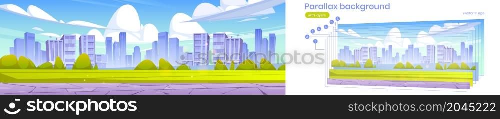 Cityscape with green lawn, bushes, stone road and buildings on skyline. Vector parallax background for 2d animation with cartoon illustration of summer landscape with field and town on horizon. Parallax background with cityscape and green lawn