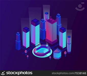 Cityscape with high skyscrapers and big illuminated stadium. Neon lights in flat town. Glass buildings with roads vector illustration.