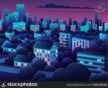 Cityscape with houses and buildings surrounded by trees. Night scene of landscape with nature and architecture. City streets with houses at night. Downtown with residential buildings and green. Night scene of cityscape and architecture. Downtown with residential buildings and greenery