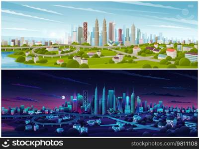 Cityscape with houses and buildings surrounded by trees. Night and day scenes set of town landscape with architecture. City streets with houses at night. Downtown with residential buildings and green. Night and day scenes set of town landscape with architecture. Cityscape with houses and buildings