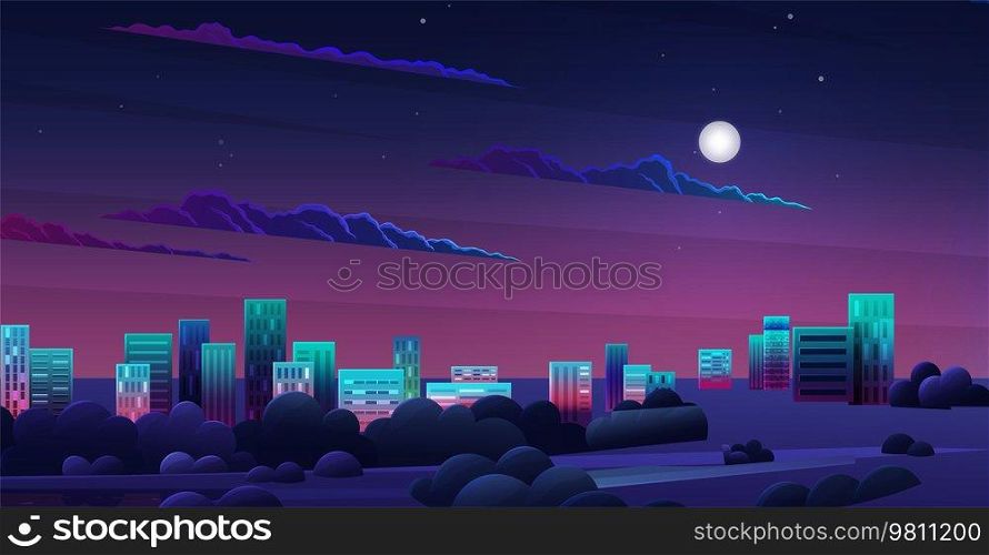 Cityscape with houses and buildings surrounded by trees. Night scene of landscape with nature and architecture. City streets with houses at night. Downtown with residential buildings and green. Night scene of cityscape and architecture. Downtown with residential buildings and greenery