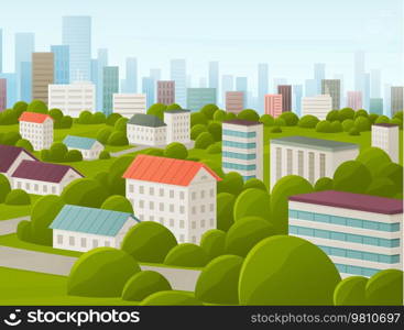Cityscape with houses and buildings surrounded by trees. Landscape with nature and architecture. City streets with houses and greenery. Area, district with residential buildings and green spaces. Cityscape with houses and buildings surrounded by trees. Landscape with nature and architecture