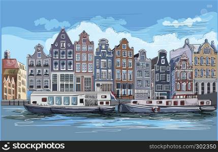 Cityscape with houses on riverbank. Canal of Amsterdam, Netherlands. Landmark of Netherlands.Colorful vector engraving illustration.