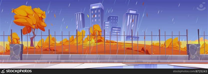 Cityscape with park and houses behind metal fence in rain. Autumn landscape with orange bushes and trees, falling leaves, sidewalk and town buildings at rainy weather, vector cartoon illustration. Autumn cityscape with park in rain