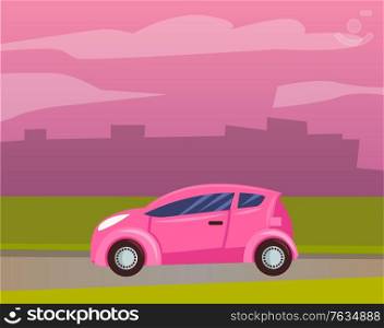 Cityscape with skyscrapers and buildings silhouette vector, flat style road and smart car. Vehicle transport, megapolis futuristic town with automobile illustration in flat style design for web, print. Smart Car Vehicle Transport Riding City Cityscape
