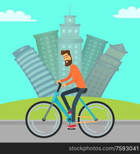 Cityscape with skyscrapers and buildings vector, man riding bike, biker flat style. Green lawn and path, way of male on bicycle, bicyclist smiling. Man Riding Bicycle in City on Road, Cityscape