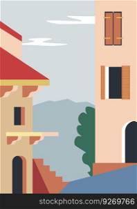 Cityscape with street and houses facades and exteriors, mountains landscape view in distance. Buildings with roofs and windows, arches and stairs, trees and bushes plants. Vector in flat style. Landscape of city with mountains view, vector