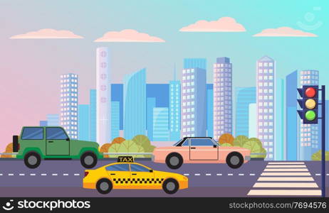 Cityscape with street with zebra vector, transportation cars on roads. Traffic lights on highway with automobile, skyscrapers and buildings lorry taxi illustration in flat style design for web, print. Cityscape Highway with Traffic Lights Road Street