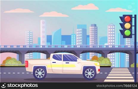 Cityscape with streets and traffic lights. Road with car waiting by pedestrian crossing. City skyline having skyscrapers and modern architecture. Downtown with landmarks. Vector in flat style. Van Waiting by Pedestrian Crossing, Cityscape