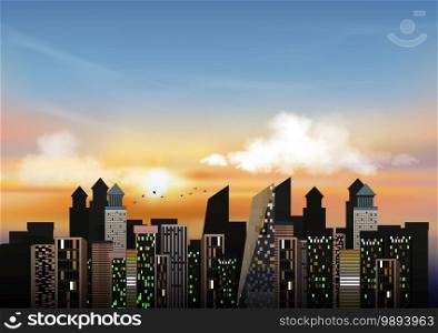 Cityscape with sunset sky background,Dramatic sunrise over the City,Twilight skyline landscape with yellow, orange and blue sky in the town,Vector mesh horizon skyscraper, sunrise for Spring or Summer