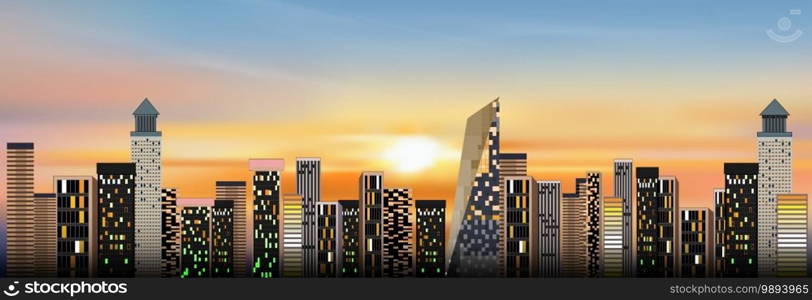 Cityscape with sunset sky background,Dramatic sunrise over the City,Twilight skyline landscape with yellow, orange and blue sky in the town,Vector mesh horizon skyscraper, sunrise for Spring or Summer