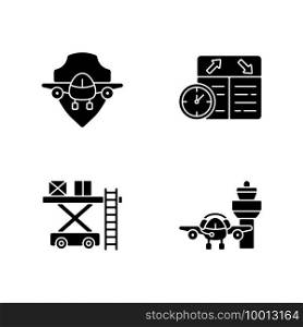 Civil aviation safety flights black glyph icons set on white space. R&services. Flight scheduling. Air traffic control. Aviation communication. Silhouette symbols. Vector isolated illustration. Civil aviation safety flights black glyph icons set on white space