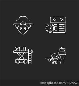 Civil aviation safety flights chalk white icons set on black background. R&services. Flight scheduling. Air traffic control. Aviation communication. Isolated vector chalkboard illustrations. Civil aviation safety flights chalk white icons set on black background