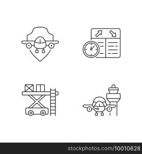 Civil aviation safety flights linear icons set. Flight scheduling. Aviation communication. Customizable thin line contour symbols. Isolated vector outline illustrations. Editable strokes. Civil aviation safety flights linear icons set