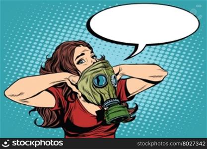 Civil defence girl wears a protective mask pop art retro vector. Nuclear war gas attack. Radiation safety. Gas mask vector. Civil defence girl wears a protective gas mask