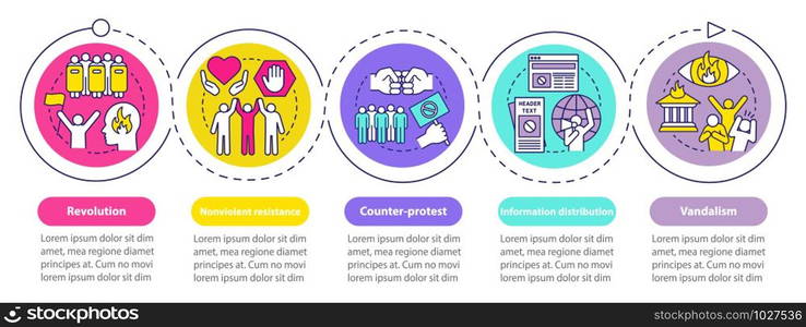 Civil disobedience vector infographic template. Business presentation design elements. Data visualization with five steps and options. Process timeline chart. Workflow layout with linear icons