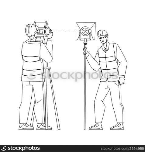 Civil Engineer With Surveying Equipment Black Line Pencil Drawing Vector. Civil Engineer Men In Uniform Working With Theodolite Measuring Tool Together. Characters With Surveyor Telescope Illustration. Civil Engineer With Surveying Equipment Vector