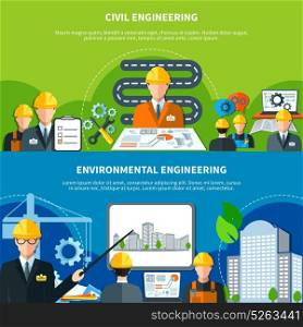 Civil Engineering Banners Set. Engineering horizontal banners with flat urban construction eco-friendly image compositions of faceless characters and text vector illustration