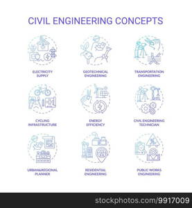 Civil engineering blue gradient concept icons set. Resource supply. City infrastructure. Sustainable construction idea thin line RGB color illustrations. Vector isolated outline drawings. Civil engineering blue gradient concept icons set