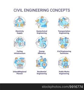 Civil engineering concept icons set. Resource supply. City infrastructure. Sustainable construction idea thin line RGB color illustrations. Vector isolated outline drawings. Editable stroke. Civil engineering concept icons set