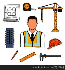 Civil engineering professions design of architectural engineer in yellow high visibility vest with architects drawing, pencil, ruler, building, protective hard hat, measure tape and vernier caliper. Sketch style. Engineer sketch icon for civil engineering design