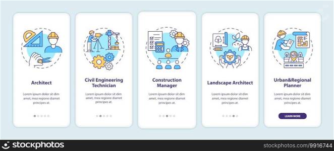 Civil engineering specialist onboarding mobile app page screen with concepts. Building professional walkthrough 5 steps graphic instructions. UI vector template with RGB color illustrations. Civil engineering specialist onboarding mobile app page screen with concepts