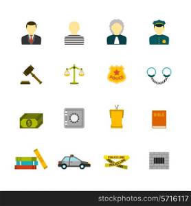 Civil law justice crime and punishment flat icons collection with prisoner bible book abstract isolated vector illustration