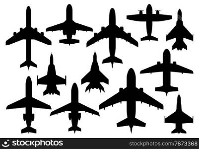 Civil passenger and military combat airplanes silhouettes. Airline modern airliner, private business jet and army air forces fighters or bombers, propeller cargo aircraft vector. Aviation aircraft. Civil and military airplanes vector silhouette set