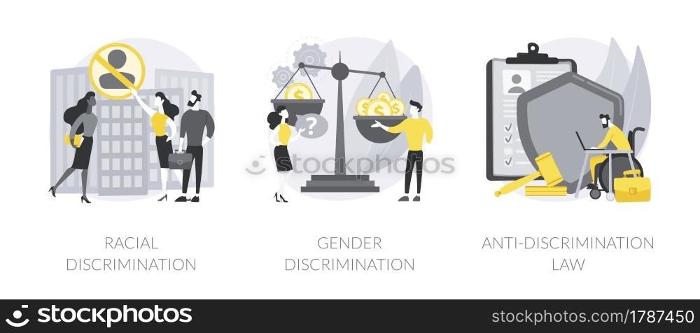 Civil rights violation abstract concept vector illustration set. Racial and gender discrimination, anti-discrimination law, bullying and harassment, gender roles, bias and prejudice abstract metaphor.. Civil rights violation abstract concept vector illustrations.