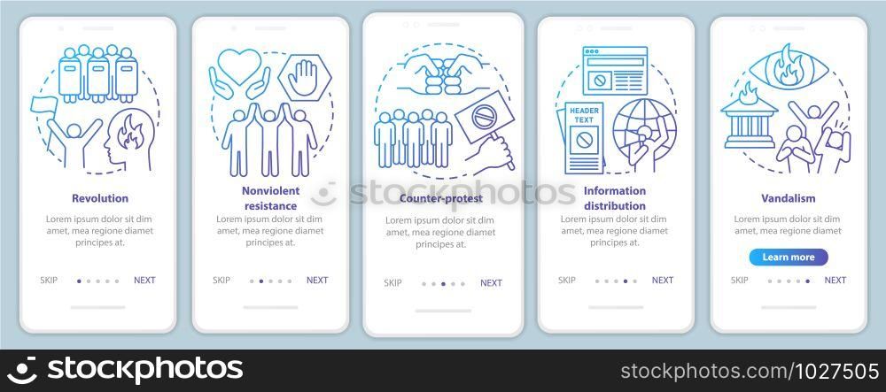 Civil unrest onboarding mobile app page screen vector template. Political revolution and social protest walkthrough website steps with linear illustrations. UX, UI, GUI smartphone interface concept