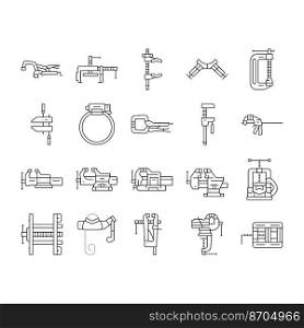 cl&vice grip tool metal icons set vector. equipment vise, steel screw, construction hold, industry compress, industrial hold cl&vice grip tool metal black contour illustrations. cl&vice grip tool metal icons set vector